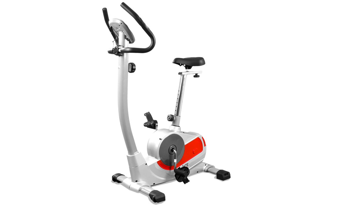 Silver and red exercise bike