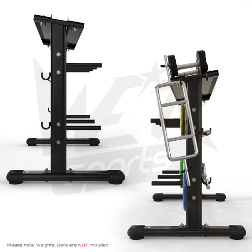 Side view of dumbbell and plate storage rack