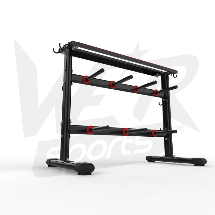 bottom view of dumbbell and weight plate storage rack without weights