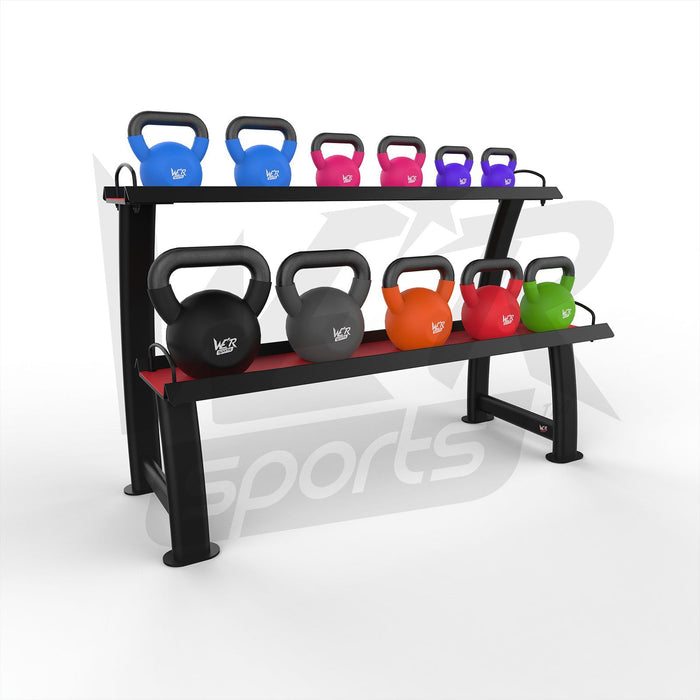 Kettlebell storage rack with different coloured kettle bells