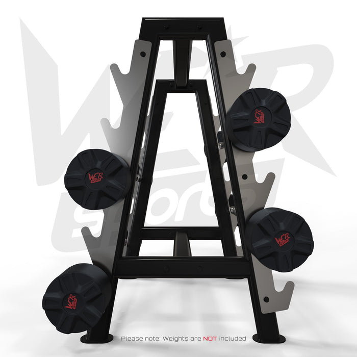 Hex barbell storage rack with weights
