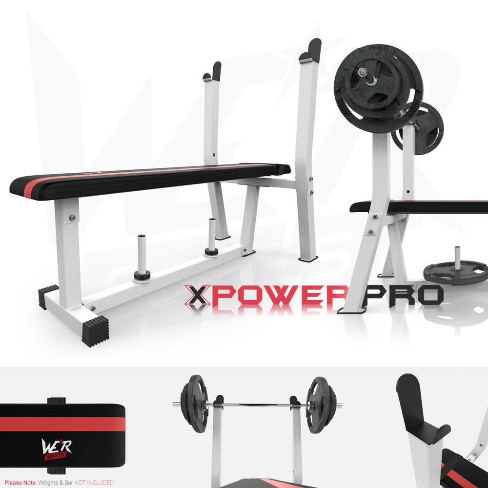 BenchXPower flat weight bench white and red rack and plate holder