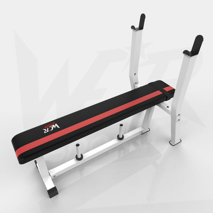 White and red BenchXPower flat weight bench with rack and plate holder from WeRSports