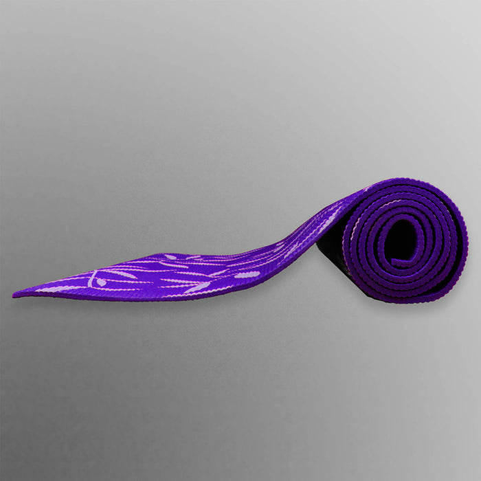 violet rolled up yoga mat