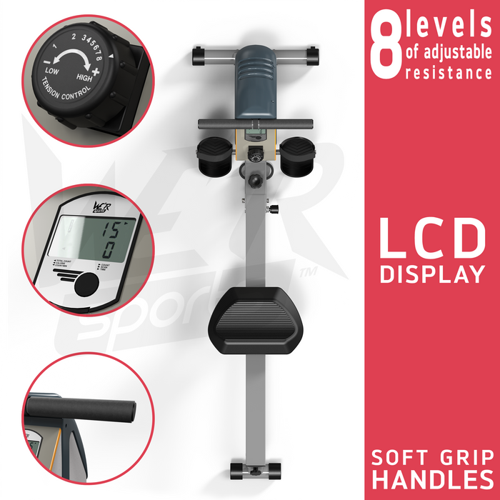 8 adjustable resistance levels of rowing machine with an LCD display and soft grip handles