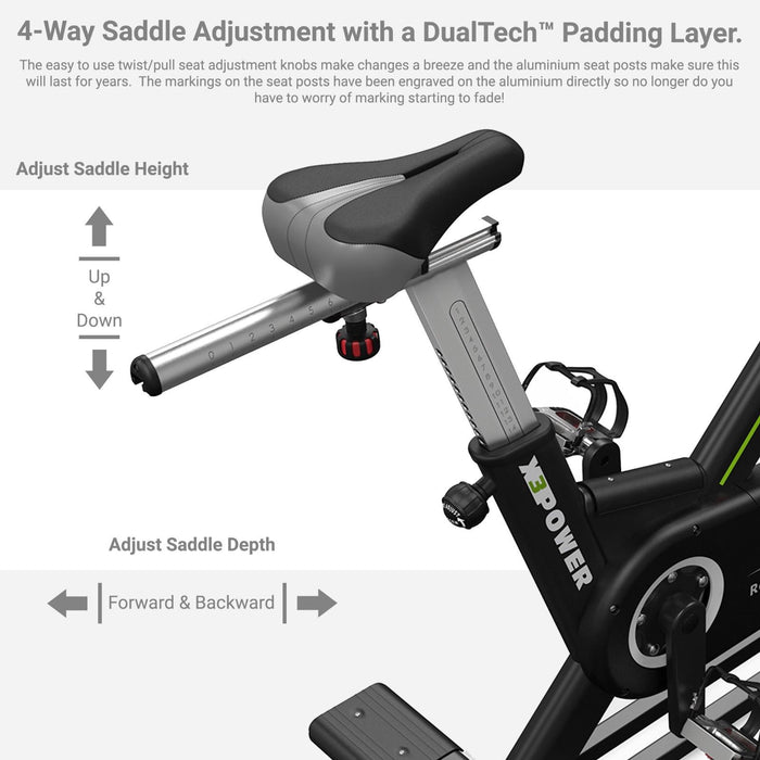RevXtreme X3Power Indoor Spin Bike 4 way saddle adjustment